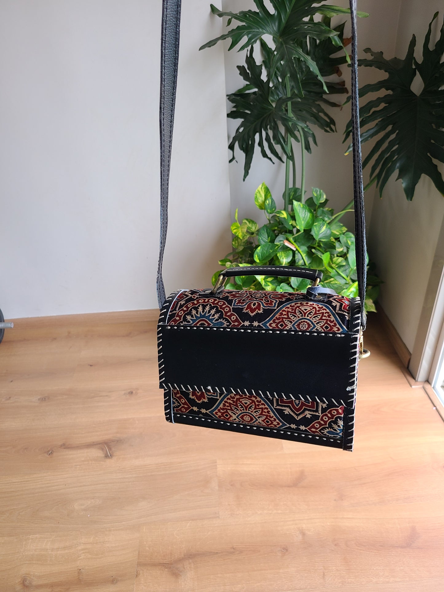 Leather Sling bag - with Ajrakh patch