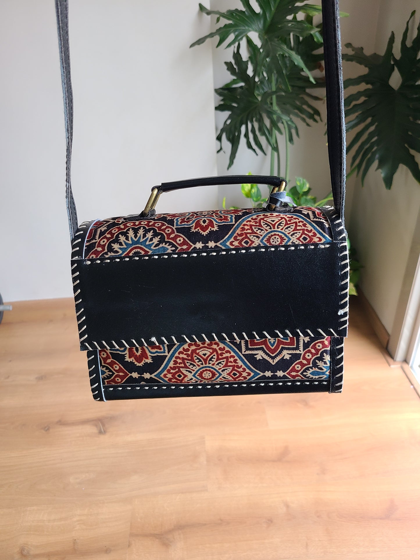 Leather Sling bag - with Ajrakh patch