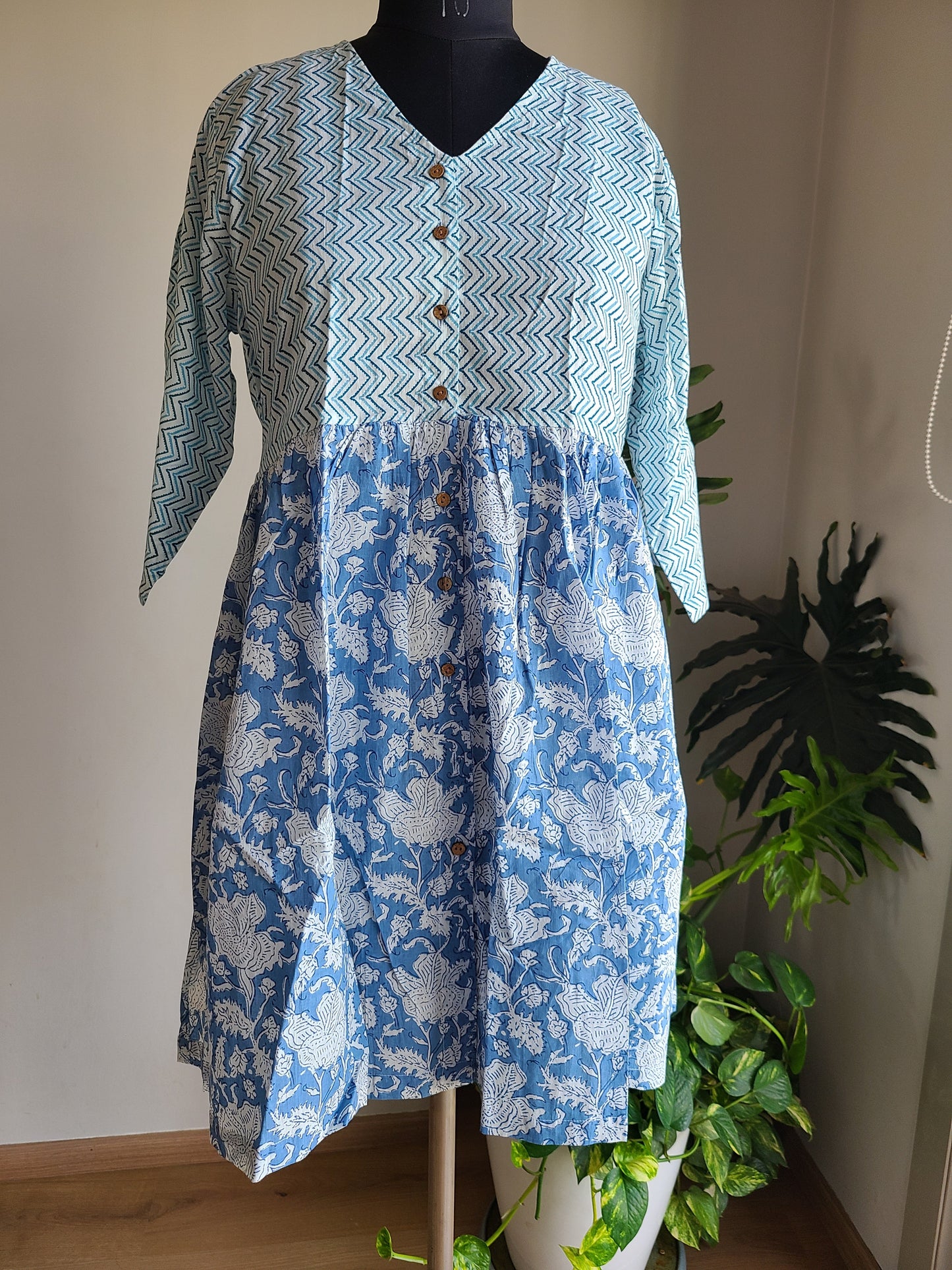 Block printed Blue lehriya and flower Dress