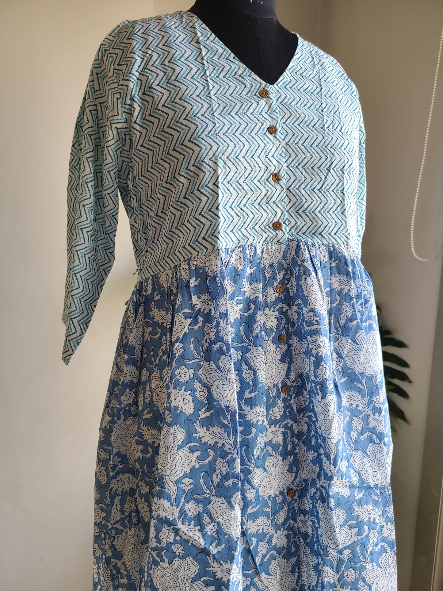 Block printed Blue lehriya and flower Dress