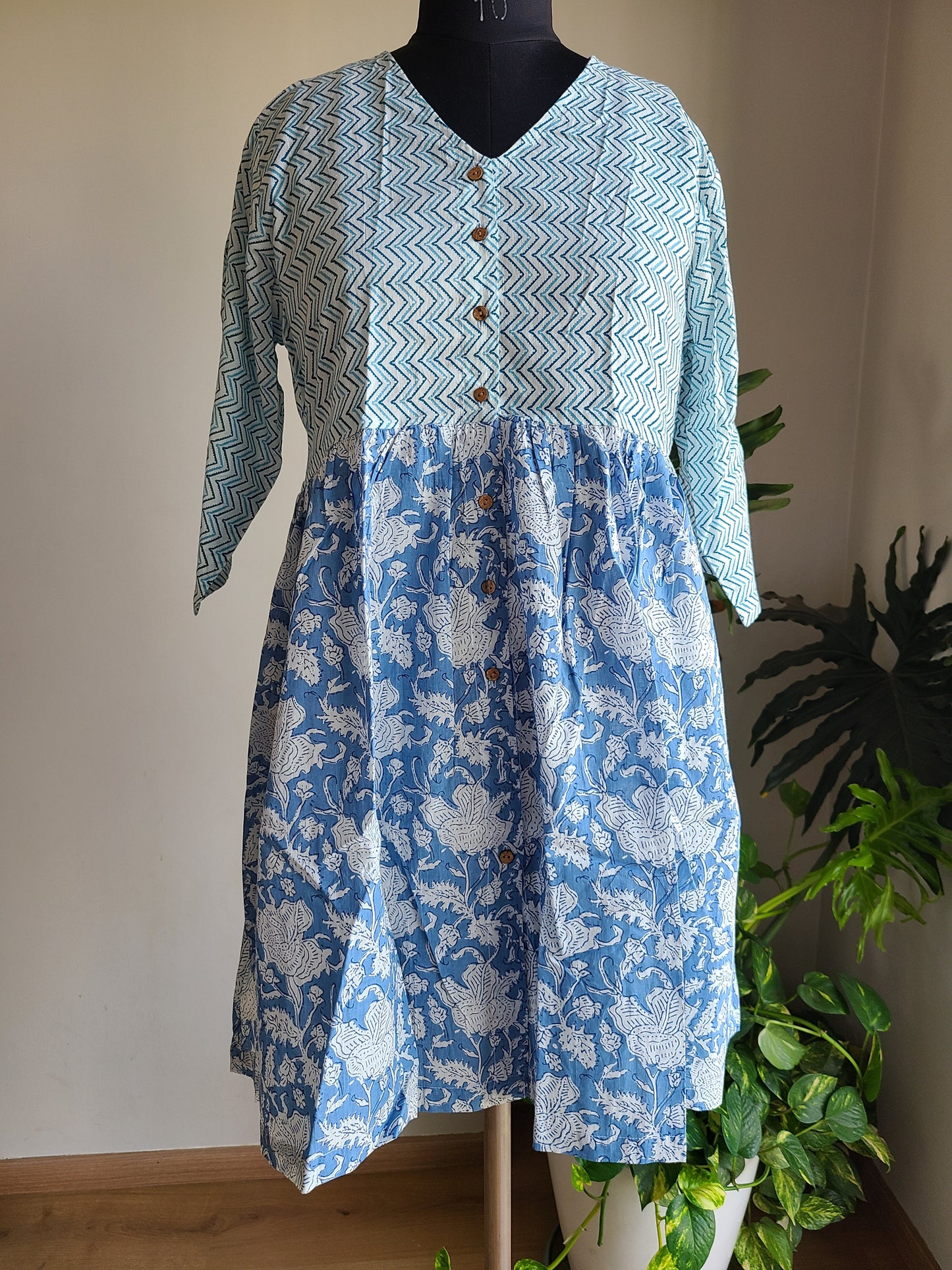 Block printed Blue lehriya and flower Dress