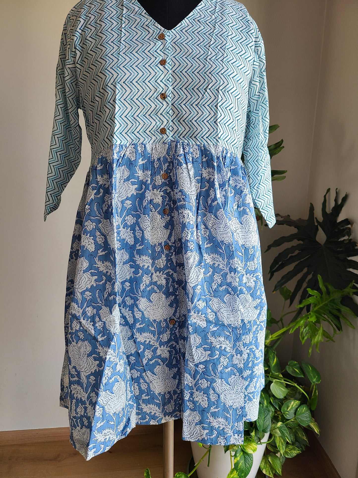 Block printed Blue lehriya and flower Dress