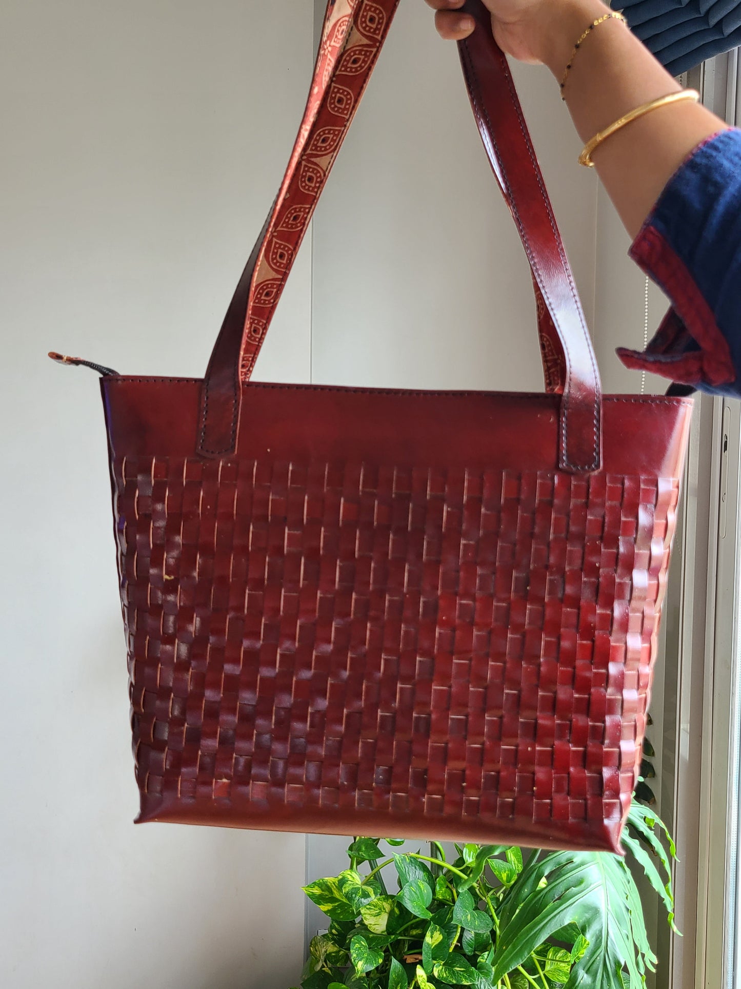 Leather Shoulder bag with checks pattern