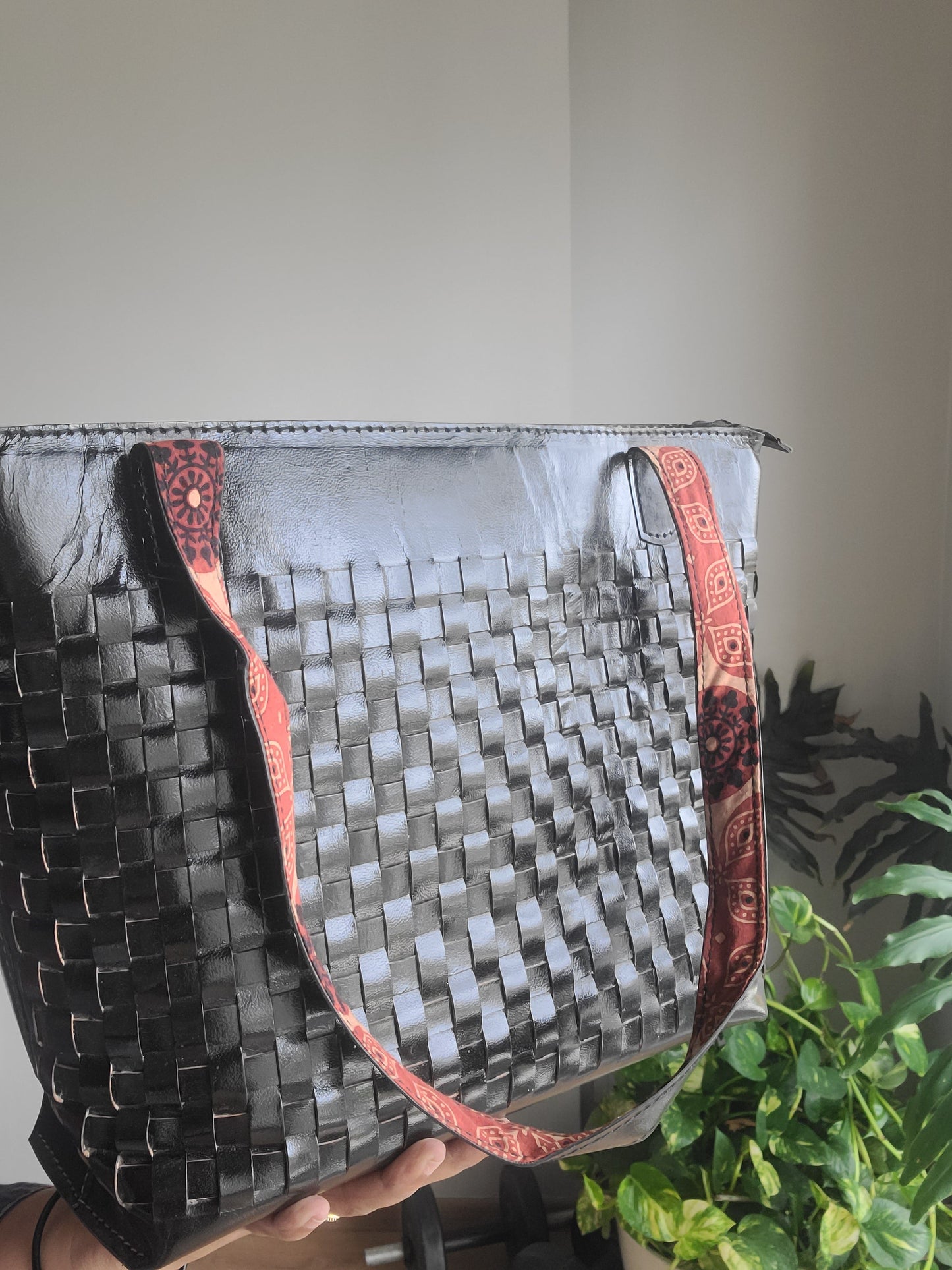 Leather Shoulder bag with checks pattern