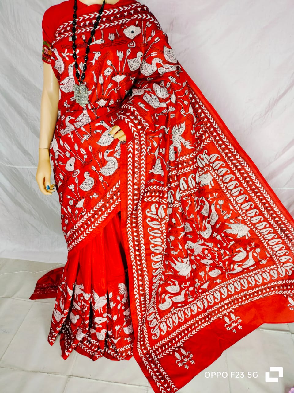 Bottle Green - white Kantha Bangalore Silk Saree