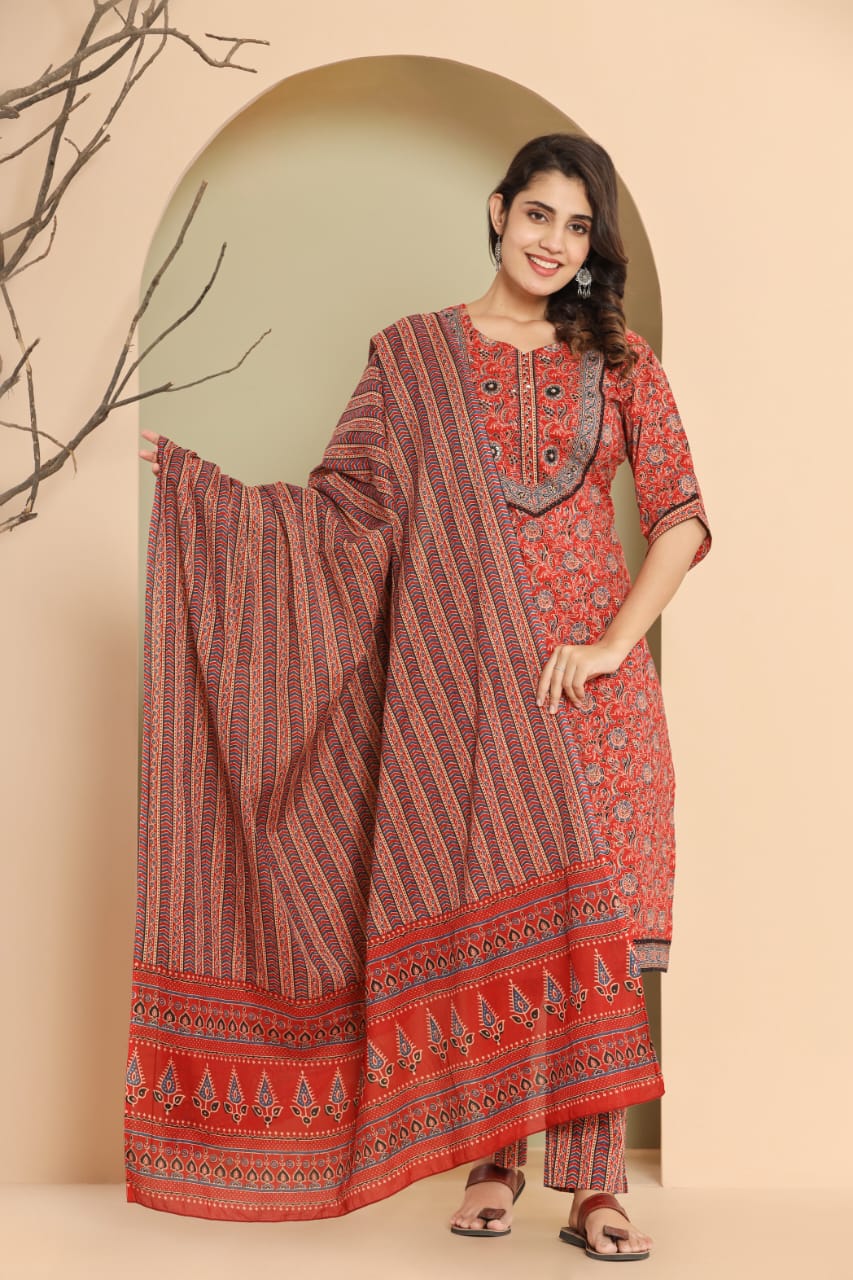 Women's block printed Kurta Pant and dupatta- Salwar suite - My Store