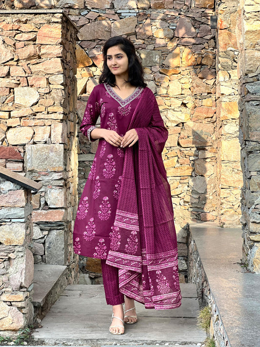 Women's block printed Kurta Pant and dupatta- Salwar suite - My Store