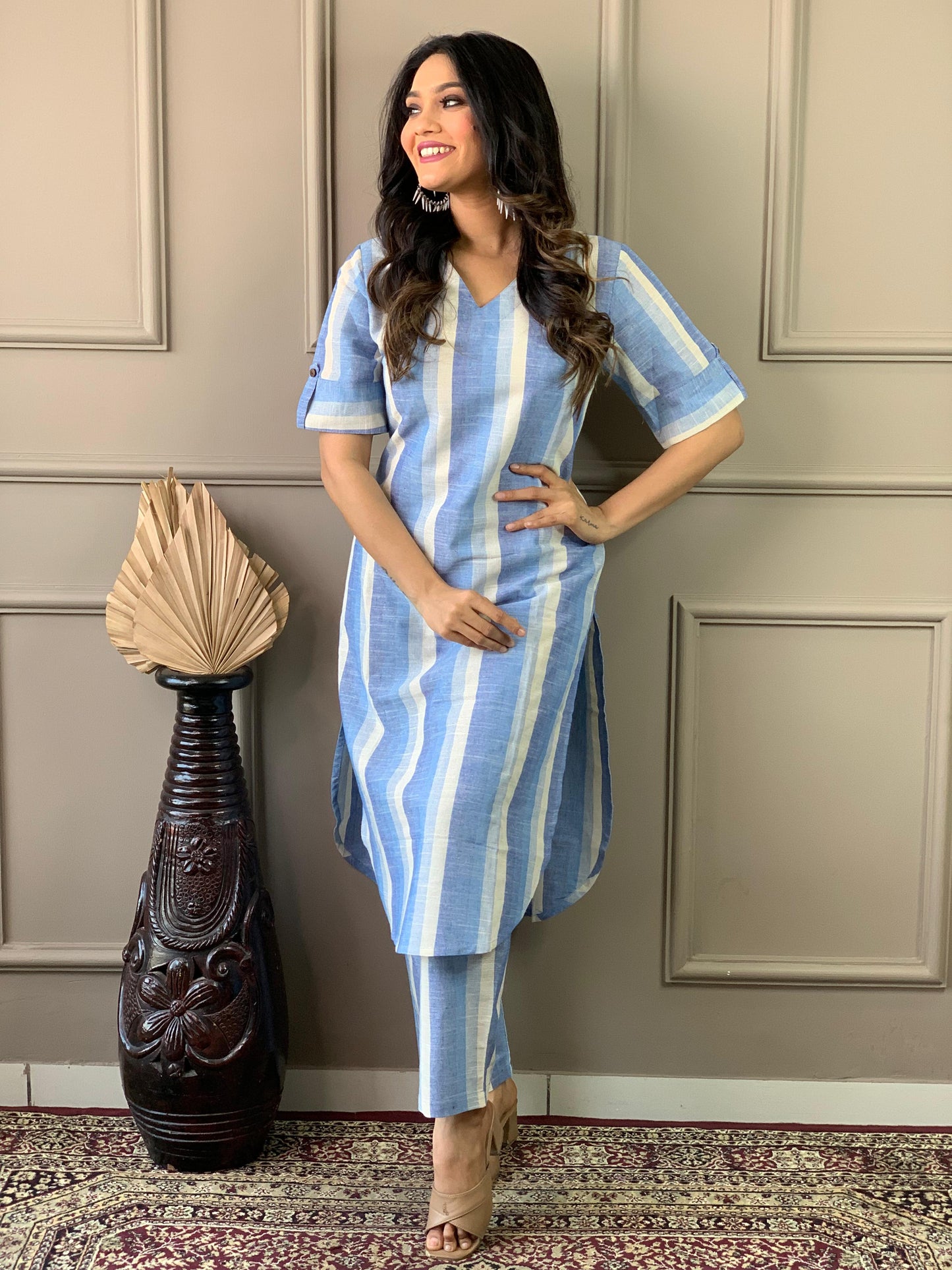 Blue Khadi Style Kurta and Pant Set - My Store