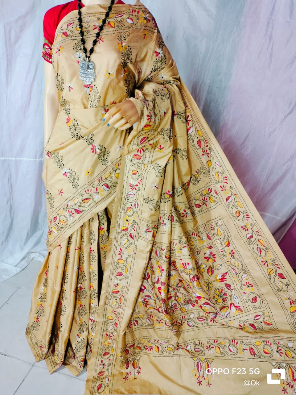 Beige and red- white Kantha Bangalore Silk Saree