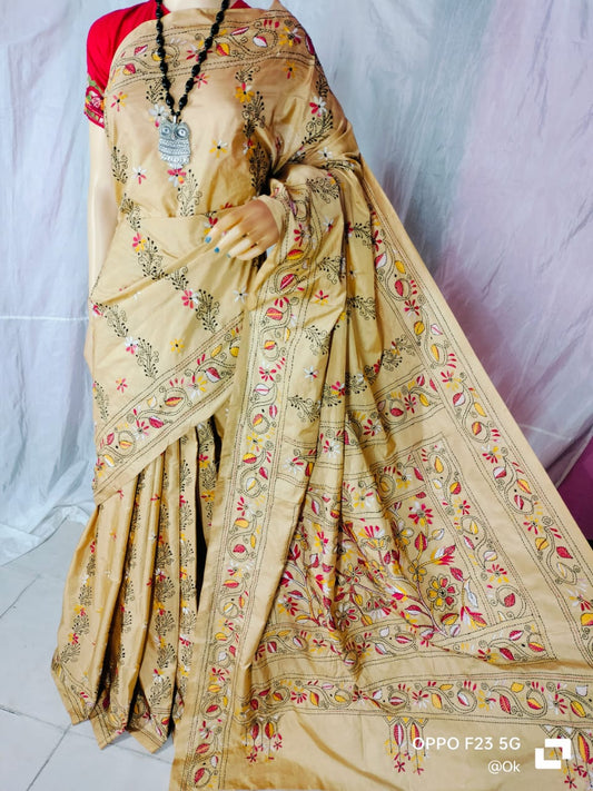 Beige and red- white Kantha Bangalore Silk Saree