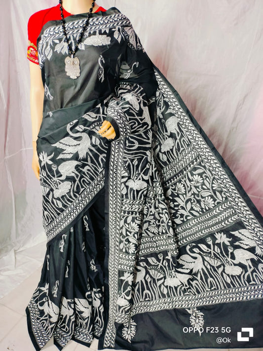 Black- white Kantha Bangalore Silk Saree