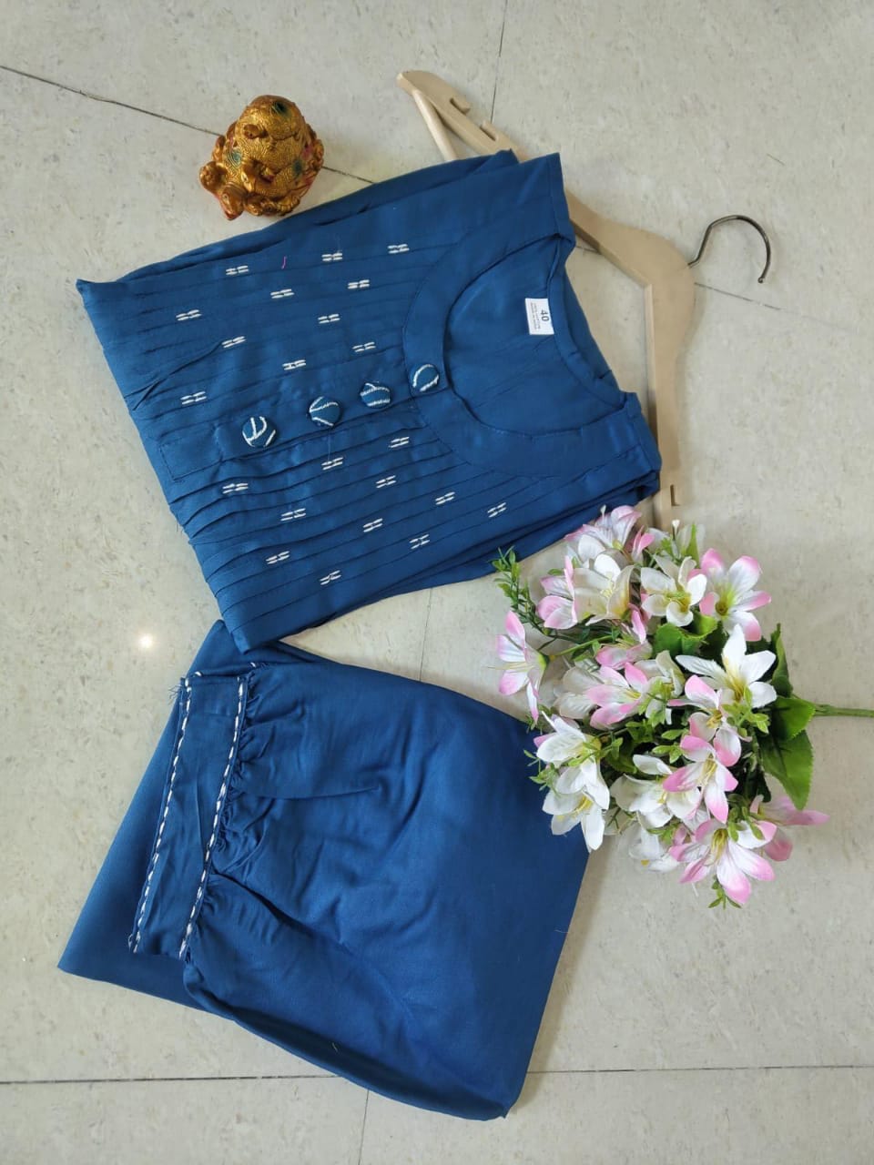 Solid Blue Pintuck Cotton Kurta and Pant set - My Store