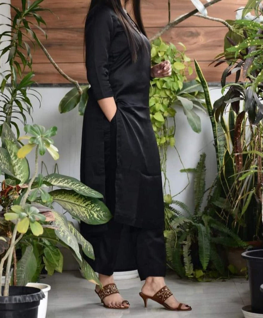 Solid Black Rayon Kurta and Pant set - My Store