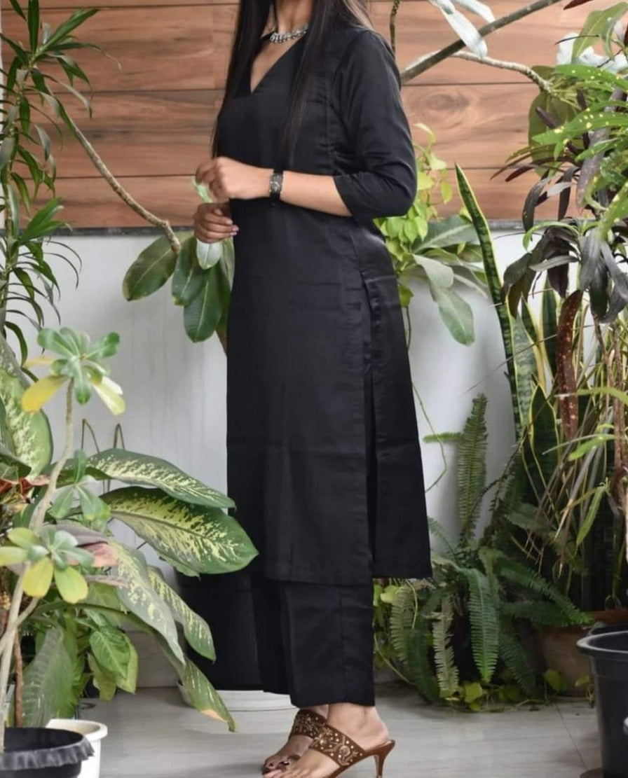 Solid Black Rayon Kurta and Pant set - My Store