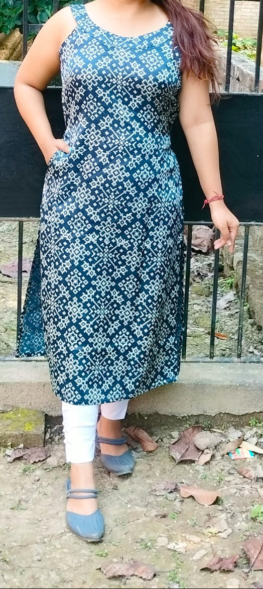 Pure Ajrakh Mashru Silk Sleeveless Kurti with Optional Sleeves