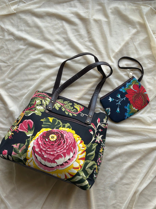 Tote bag with pouch -Block Printed & Leather-Free