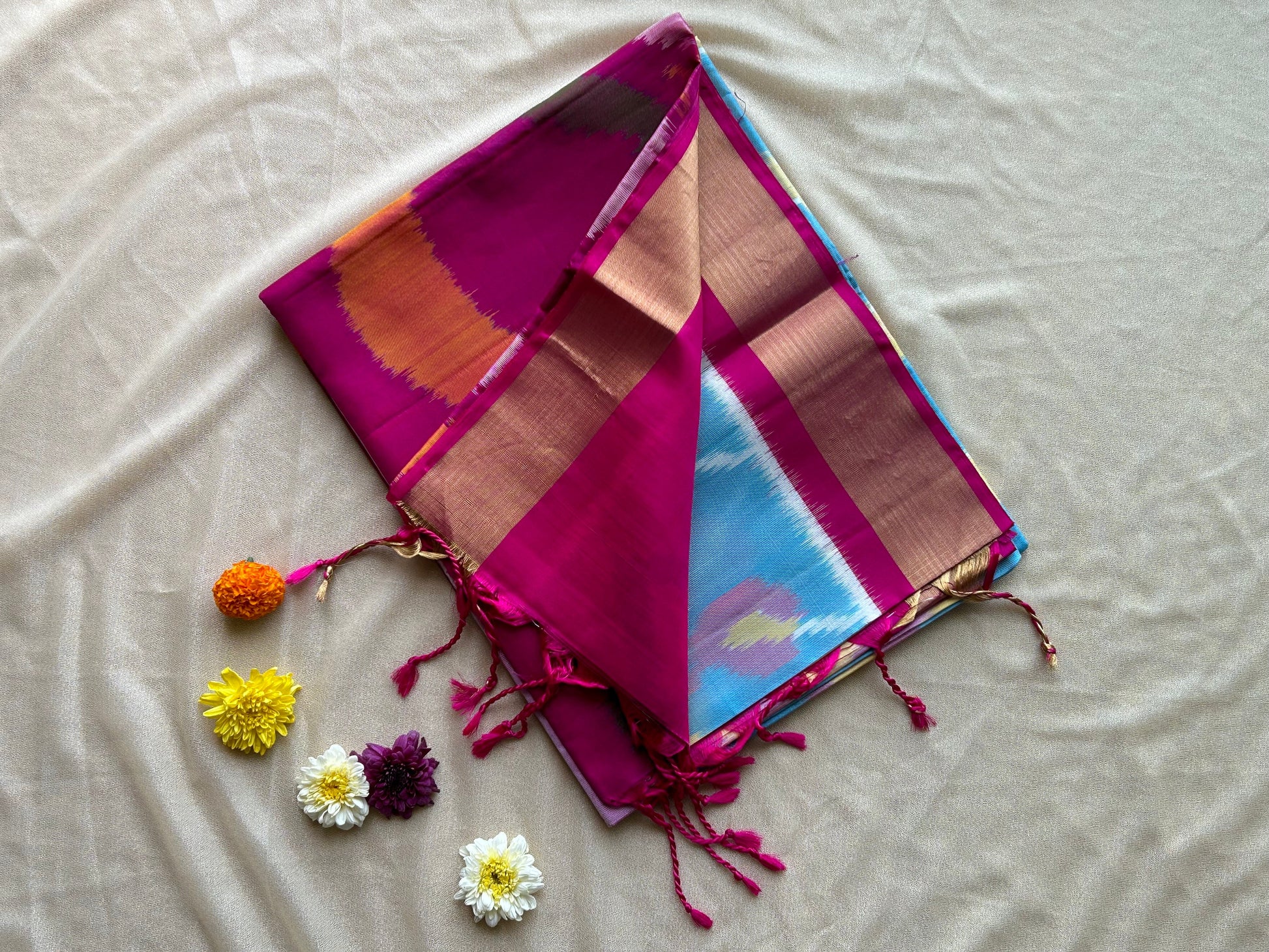 Pure Silk handloom Blue Magenta Pochampally Sarees - My Store