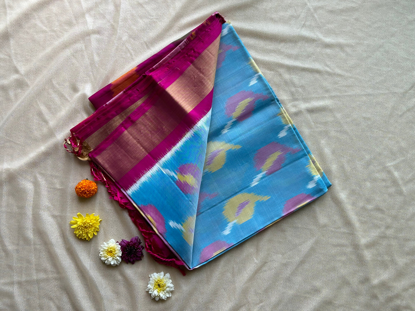 Pure Silk handloom Blue Magenta Pochampally Sarees - My Store