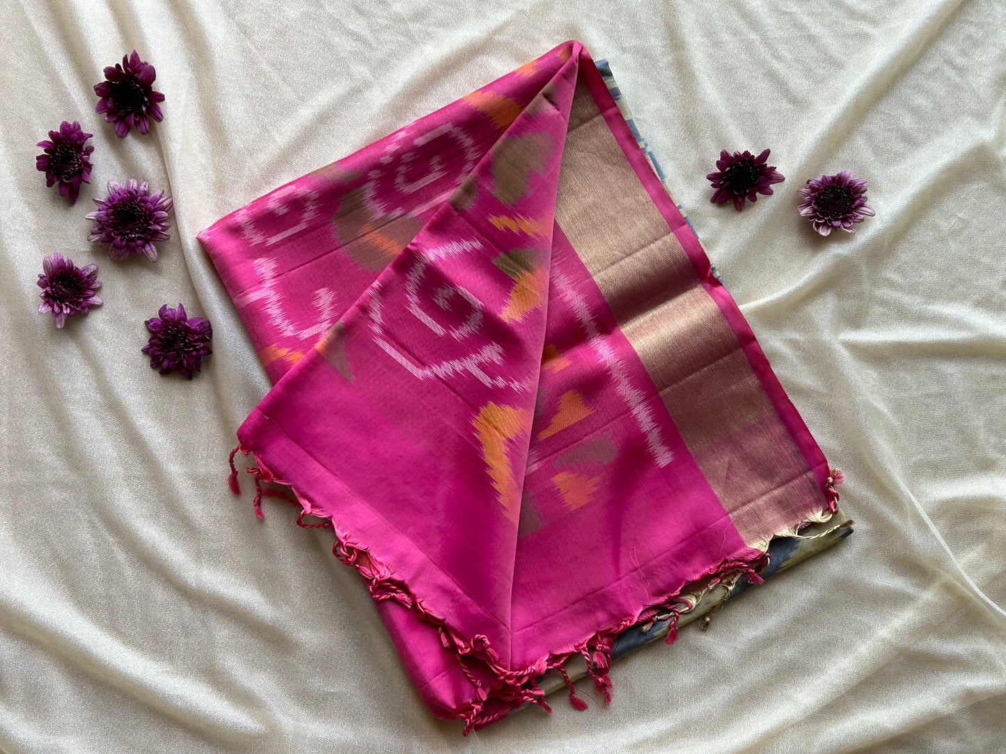 Pure Silk handloom Pink -Grey Pochampally Sarees - My Store