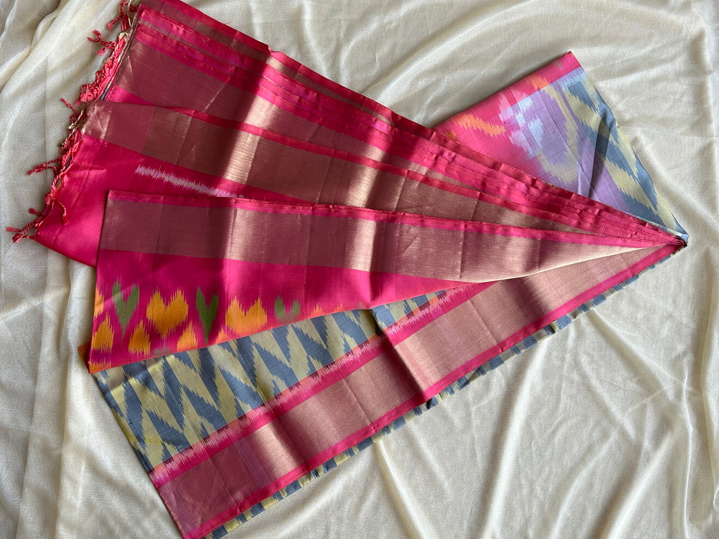 Pure Silk handloom Pink -Grey Pochampally Sarees - My Store