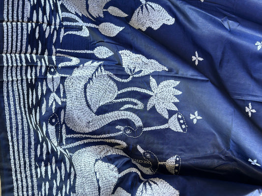 Blue- white Kantha Bangalore Silk Saree - My Store