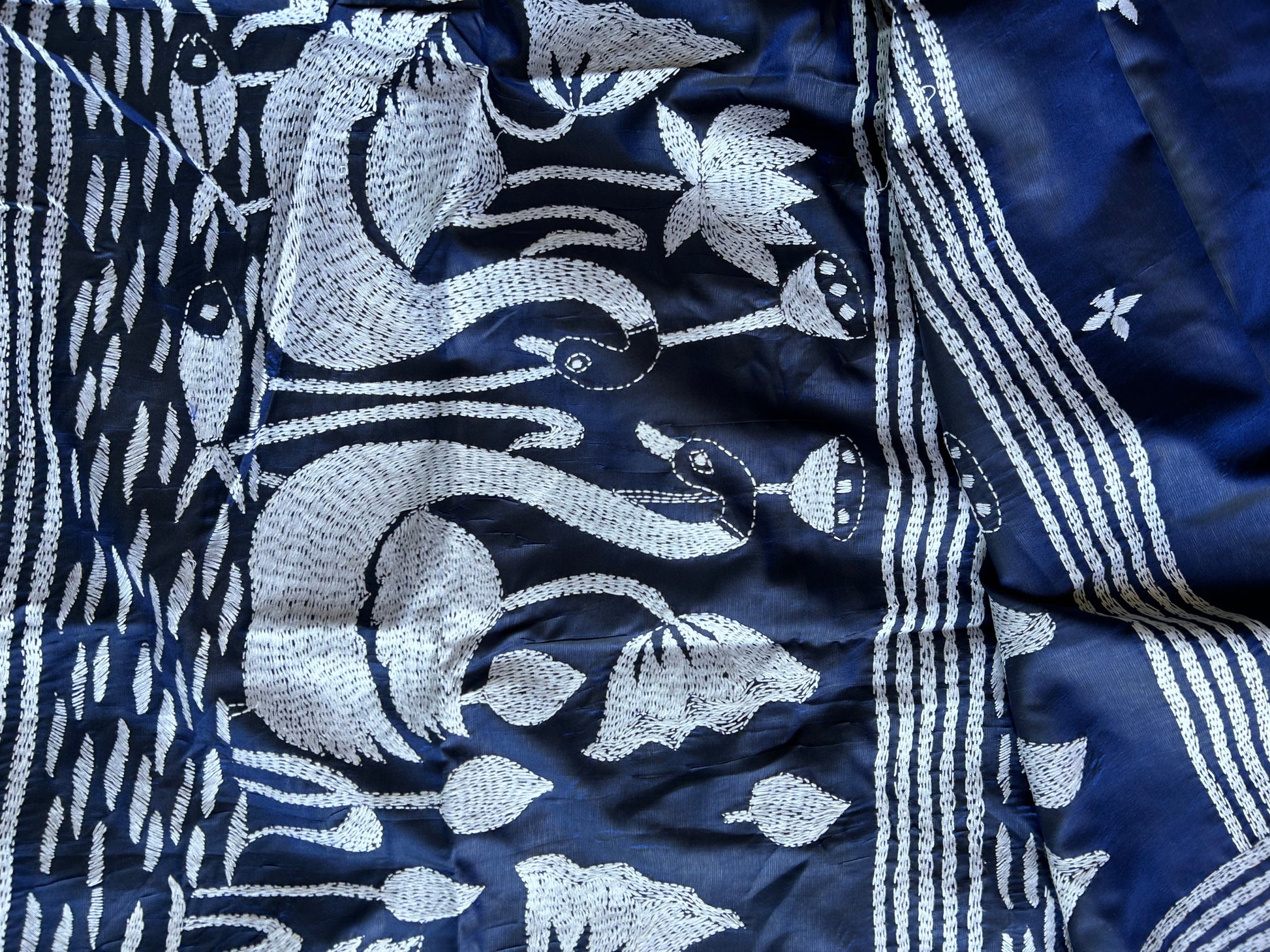 Blue- white Kantha Bangalore Silk Saree - My Store