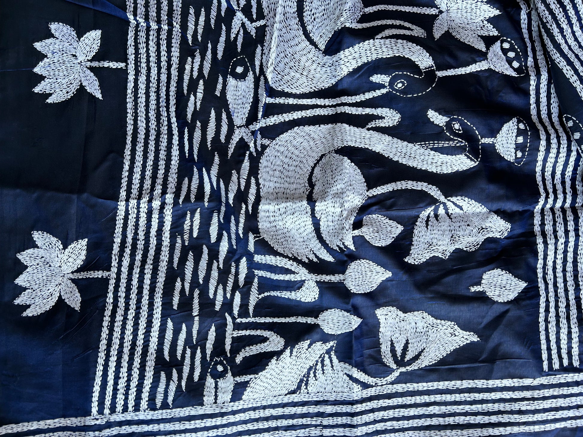 Blue- white Kantha Bangalore Silk Saree - My Store