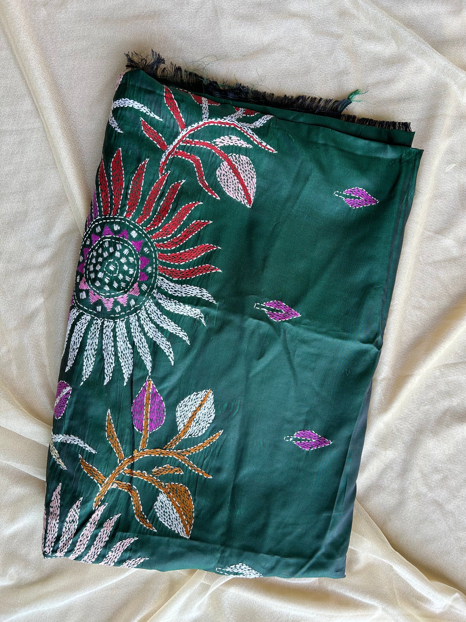 Bottle Green - white Kantha Bangalore Silk Saree - My Store