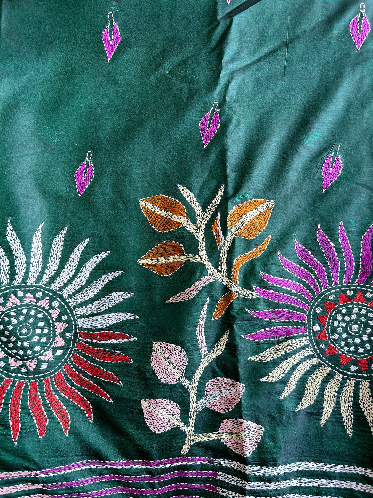 Bottle Green - white Kantha Bangalore Silk Saree - My Store