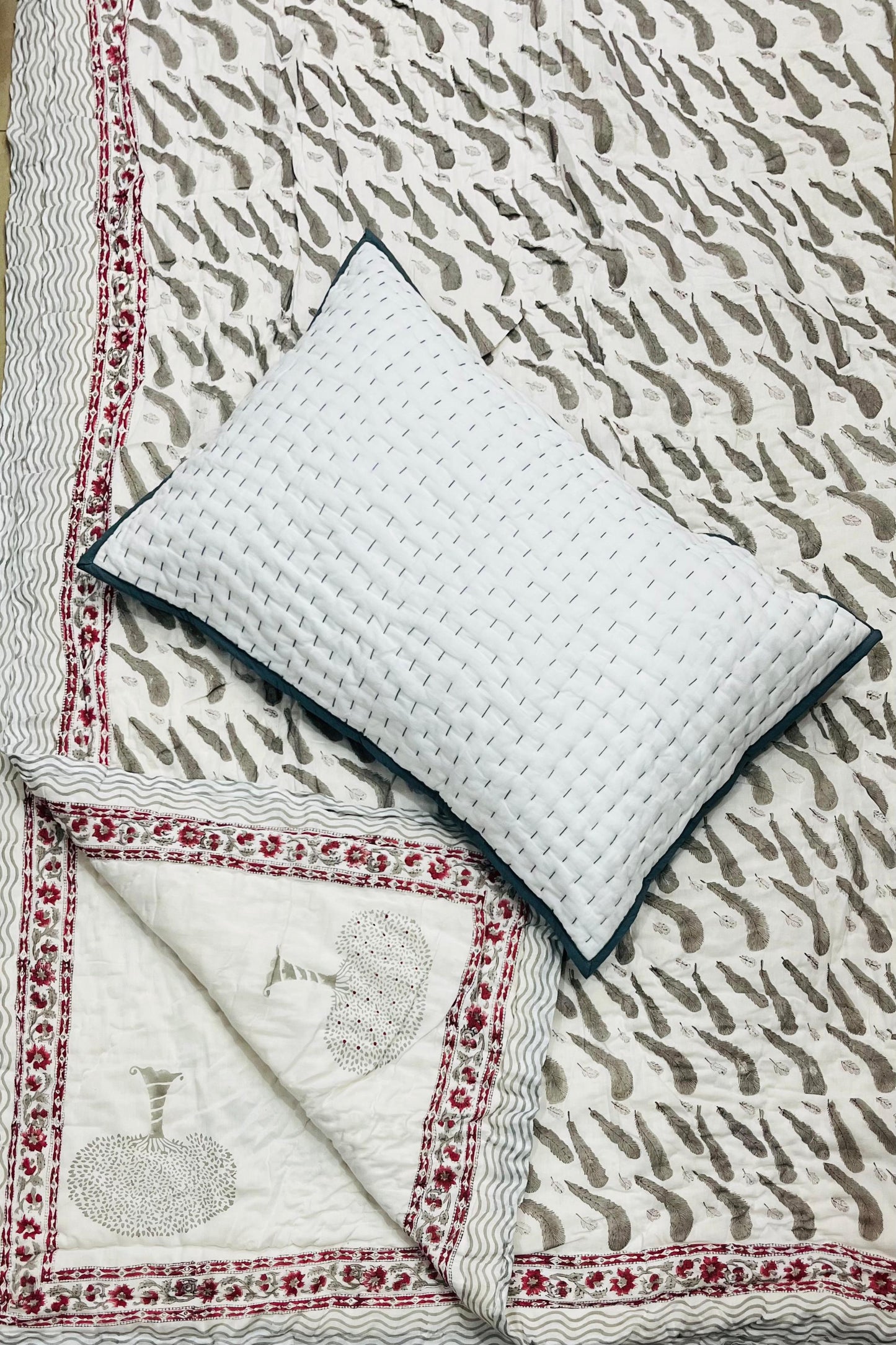 Block Printed Rasai from Jaipur with Kantha Pillow cover