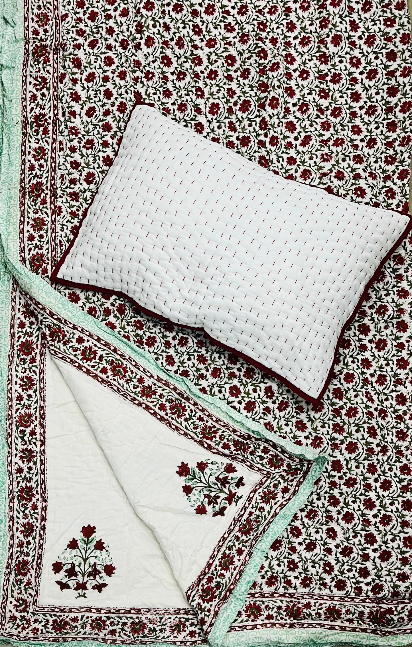 Block Printed Rasai from Jaipur with Kantha Pillow cover