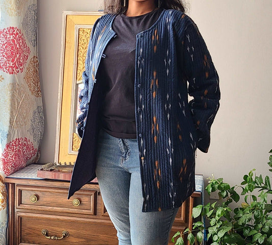 Artisan Crafted Ikat Quilted Jacket: Stylish Warmth for Every Season - Indianidhi