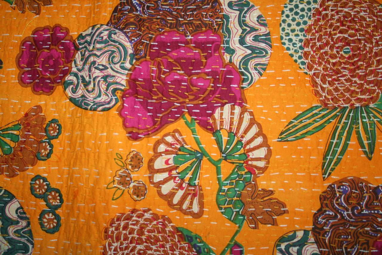 Artisan Crafted Screen Printed Kantha Quilt: Timeless Elegance for Your Home - Indianidhi