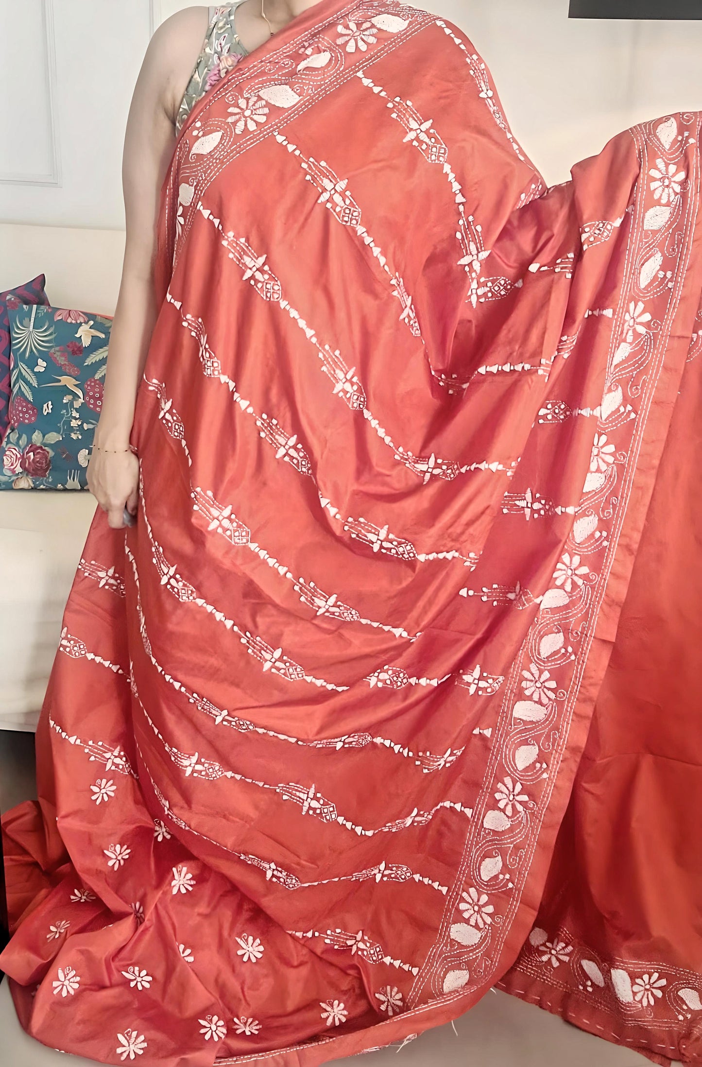 Bottle Green - white Kantha Bangalore Silk Saree