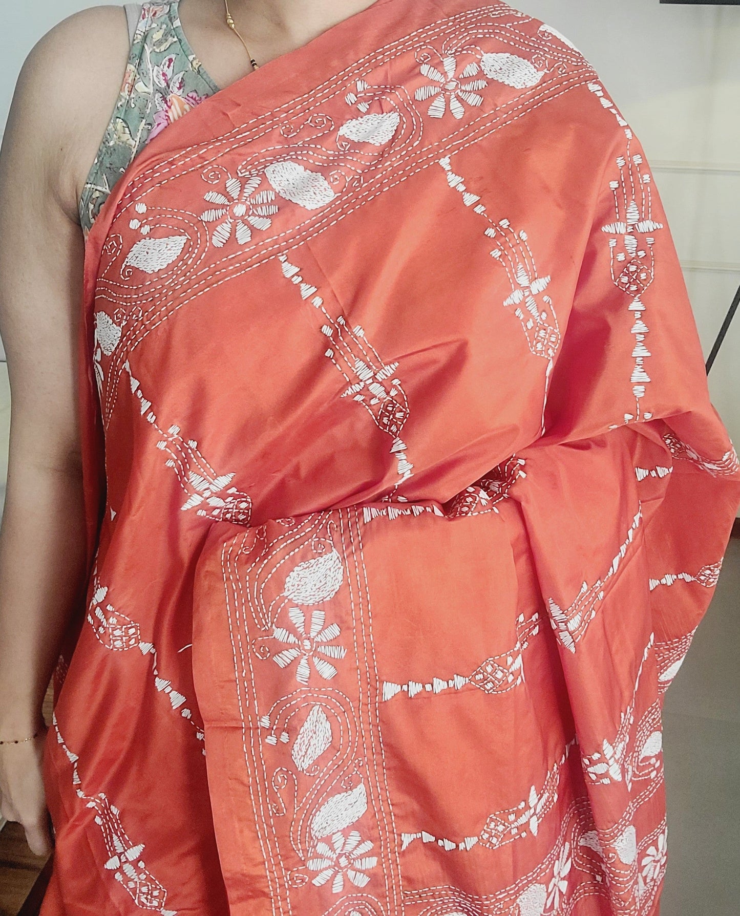 Orange white Kantha Bangalore Silk Saree