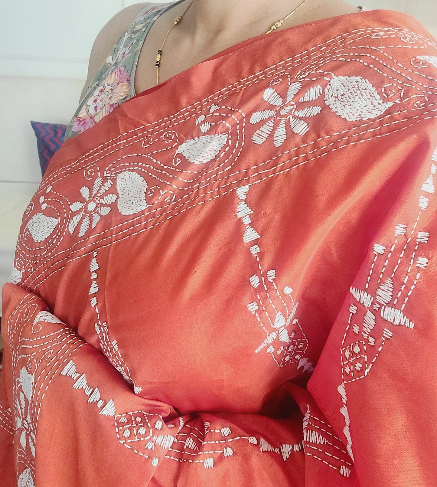 Orange white Kantha Bangalore Silk Saree