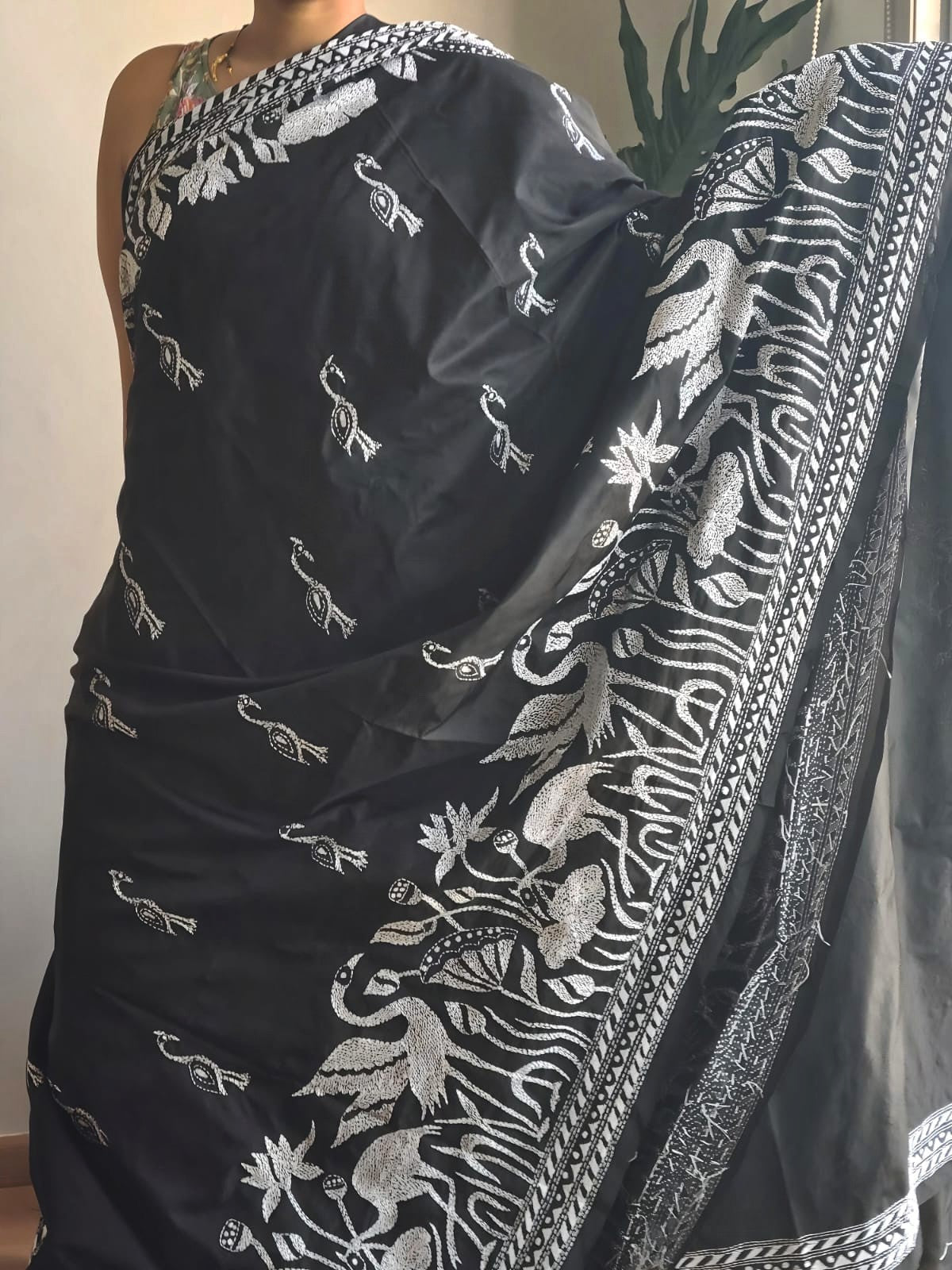 Black- white Kantha Bangalore Silk Saree