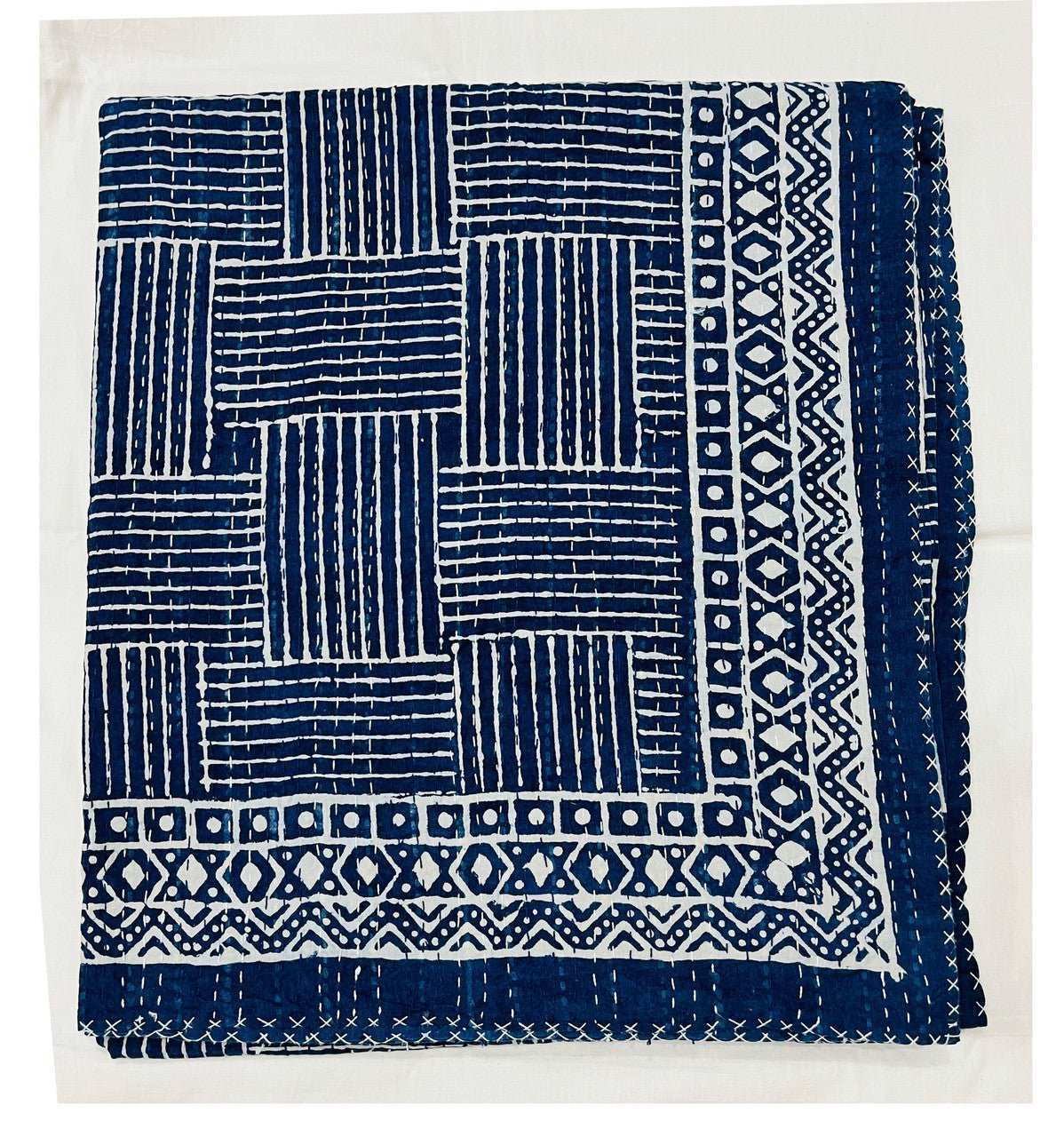 Hand Block Printed Indigo Kantha Quilt: Artisan Craftsmanship at Its Finest - Indianidhi