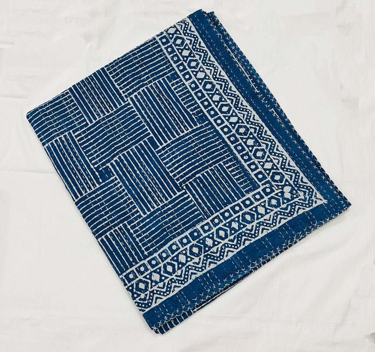 Hand Block Printed Indigo Kantha Quilt: Artisan Craftsmanship at Its Finest - Indianidhi