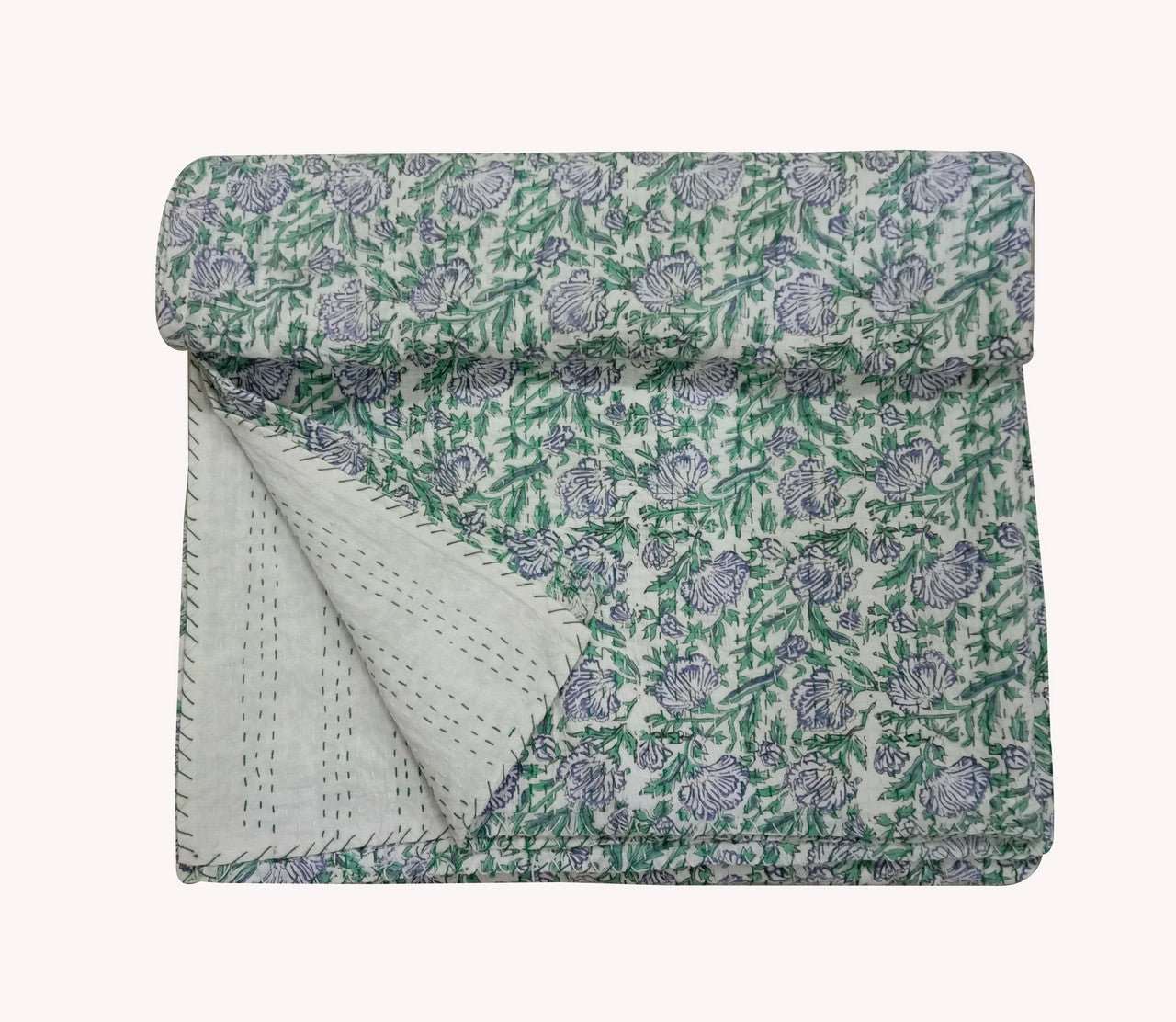 Hand Block Printed Kantha Quilt: Artisan Craftsmanship at Its Finest - Indianidhi