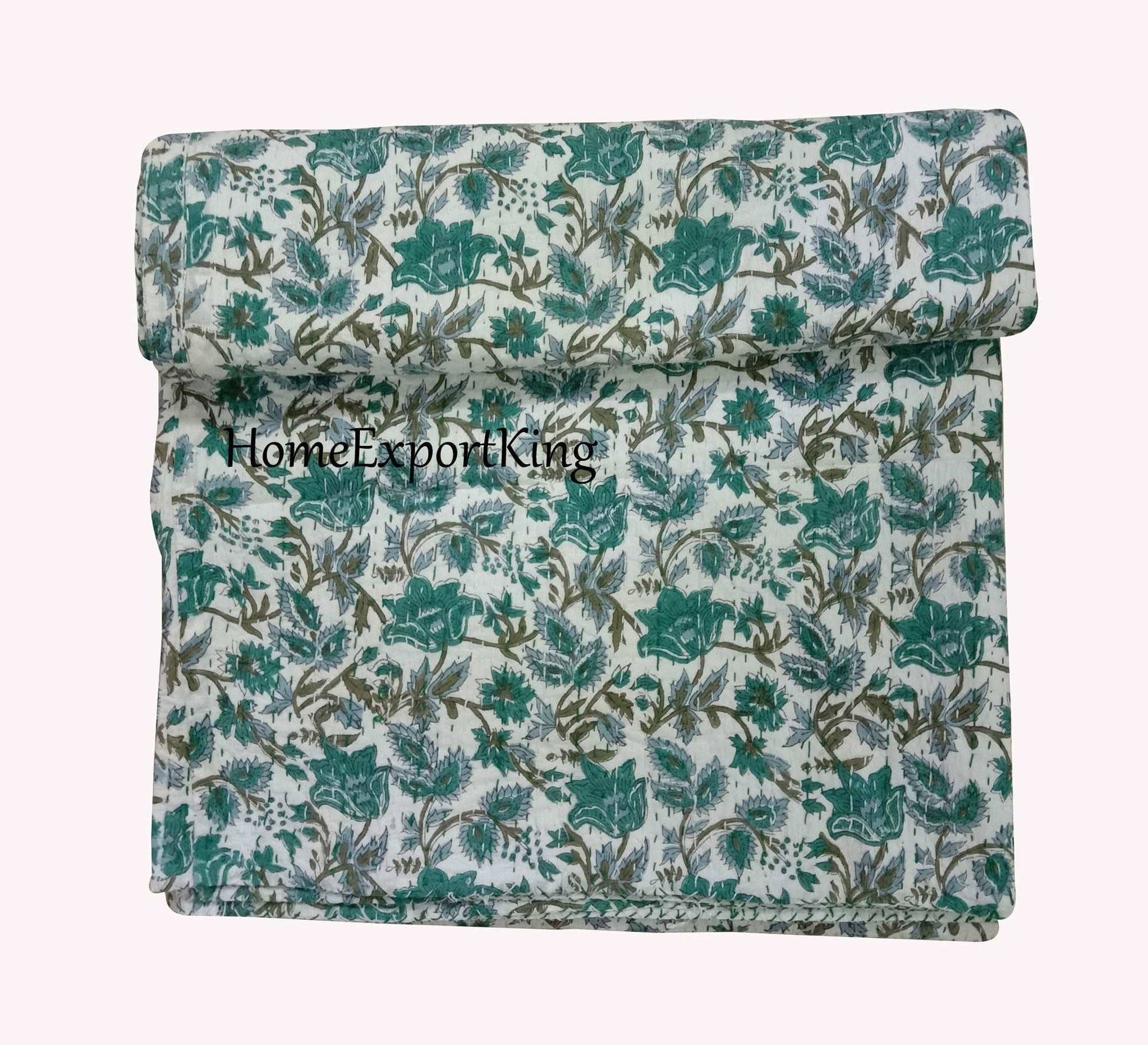 Hand Block Printed Kantha Quilt: Artisan Craftsmanship at Its Finest - Indianidhi