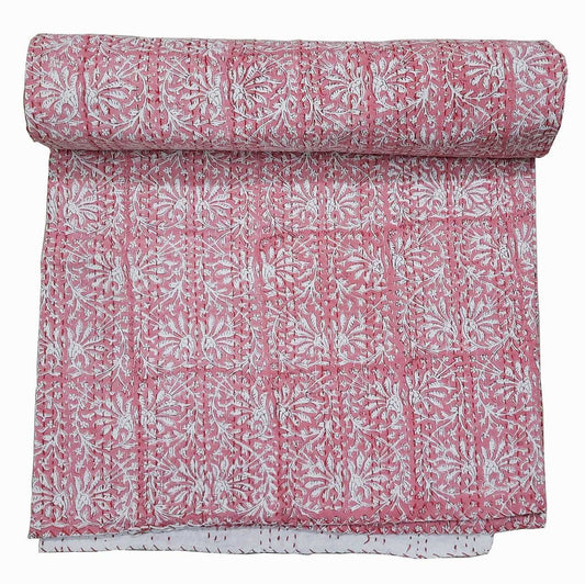 Hand Block Printed Kantha Quilt: Artisan Craftsmanship at Its Finest - Indianidhi