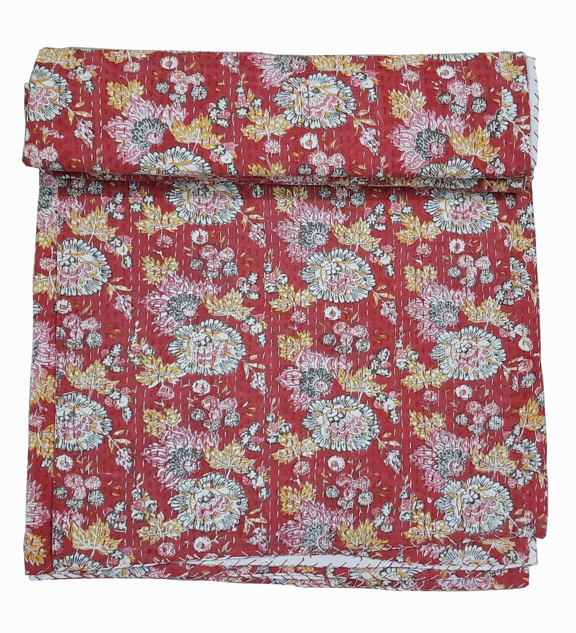 Hand Block Printed Kantha Quilt: Artisan Craftsmanship at Its Finest - Indianidhi