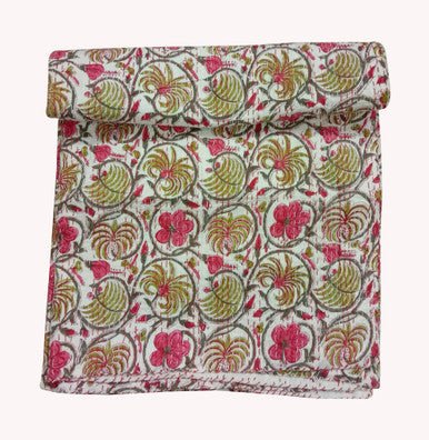 Hand Block Printed Kantha Quilt: Artisan Craftsmanship at Its Finest - Indianidhi