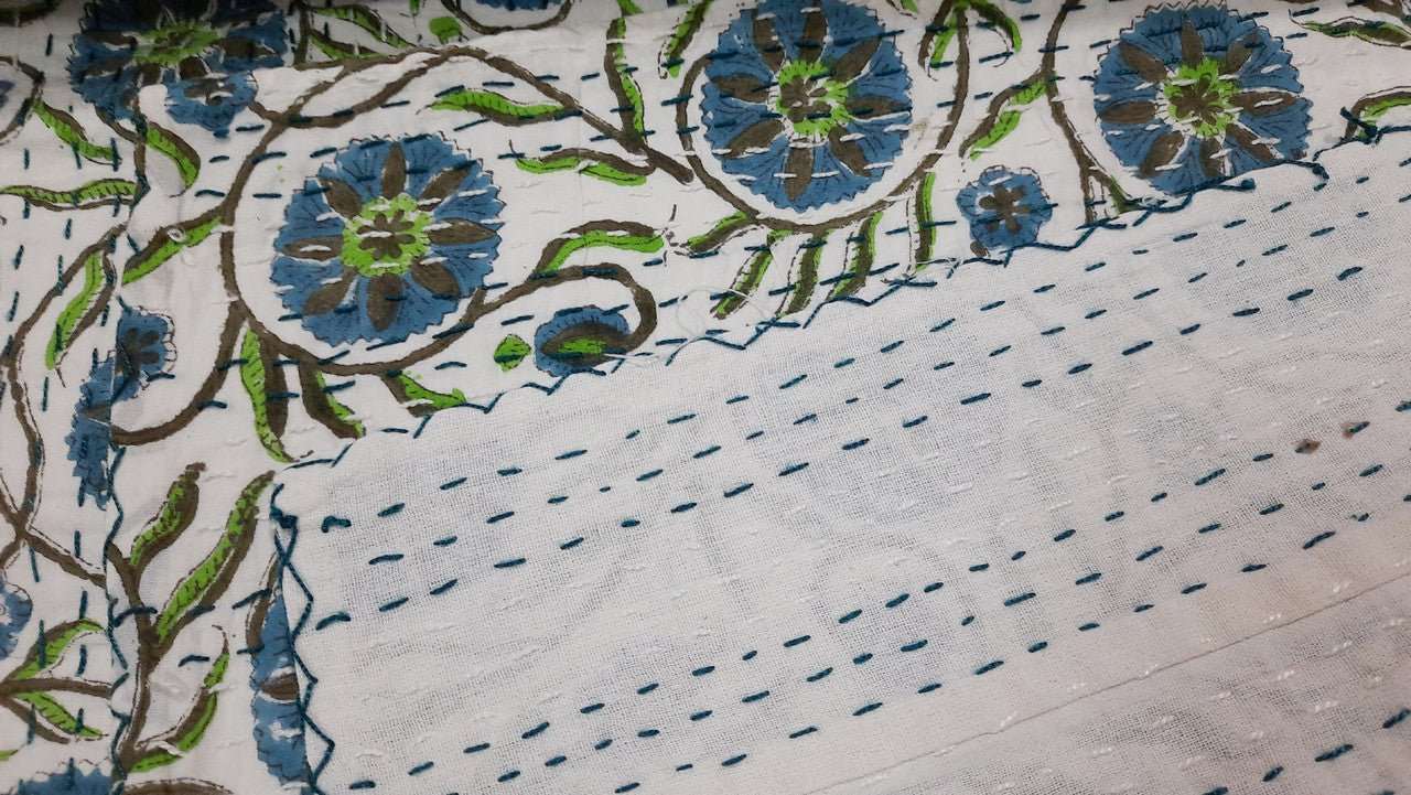 Hand Block Printed Kantha Quilt: Artisan Craftsmanship at Its Finest - Indianidhi