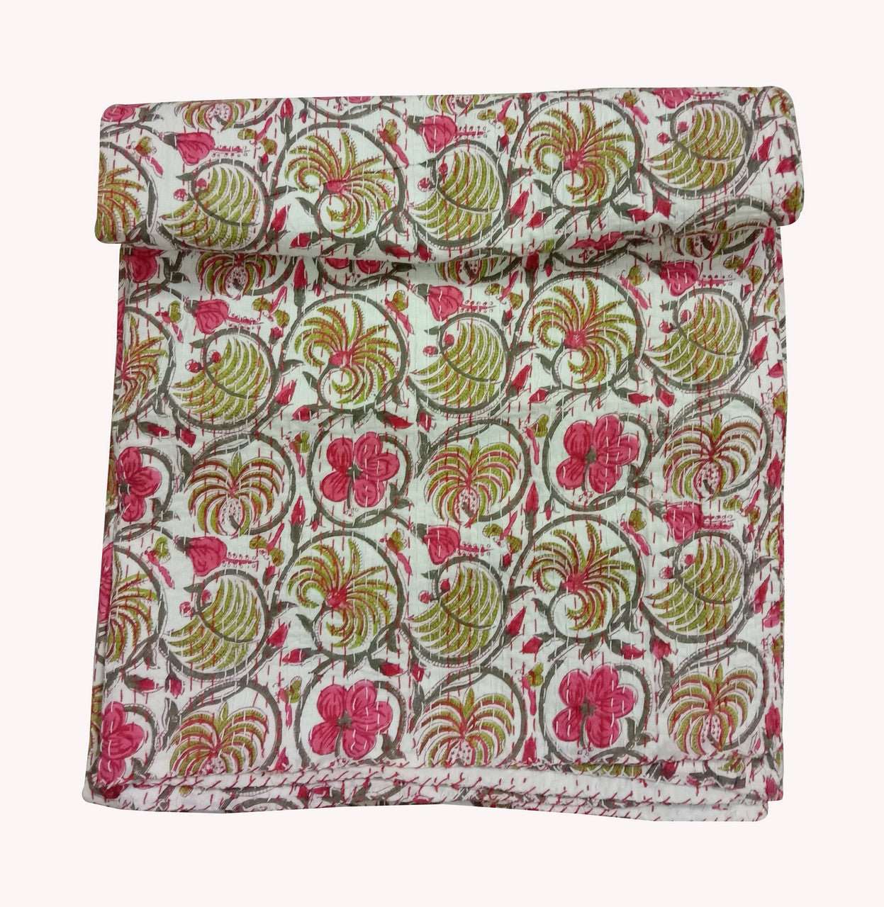 Hand Block Printed Kantha Quilt: Artisan Craftsmanship at Its Finest - Indianidhi