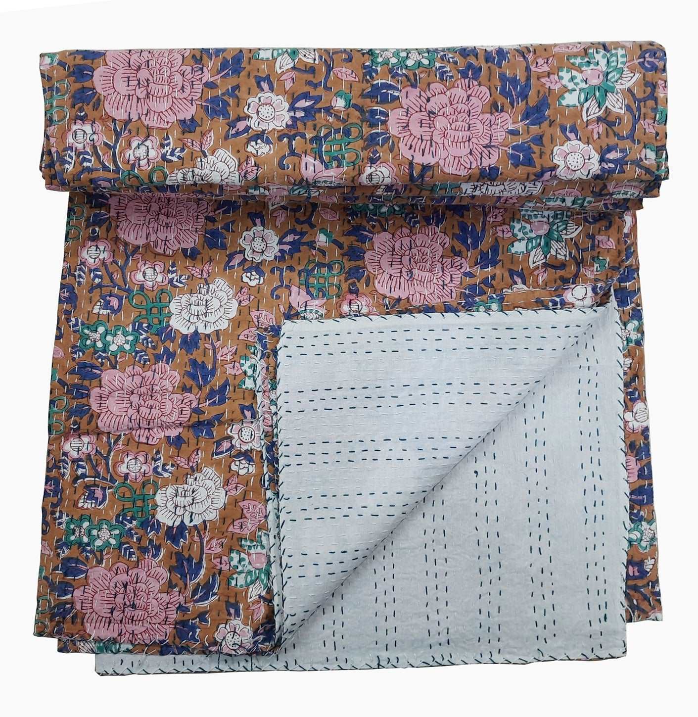 Hand Block Printed Kantha Quilt: Artisan Craftsmanship at Its Finest - Indianidhi