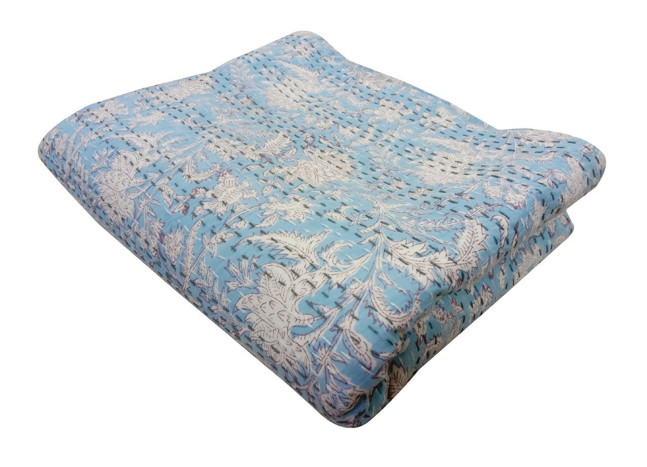 Hand Block Printed Kantha Quilt: Artisan Craftsmanship at Its Finest - Indianidhi