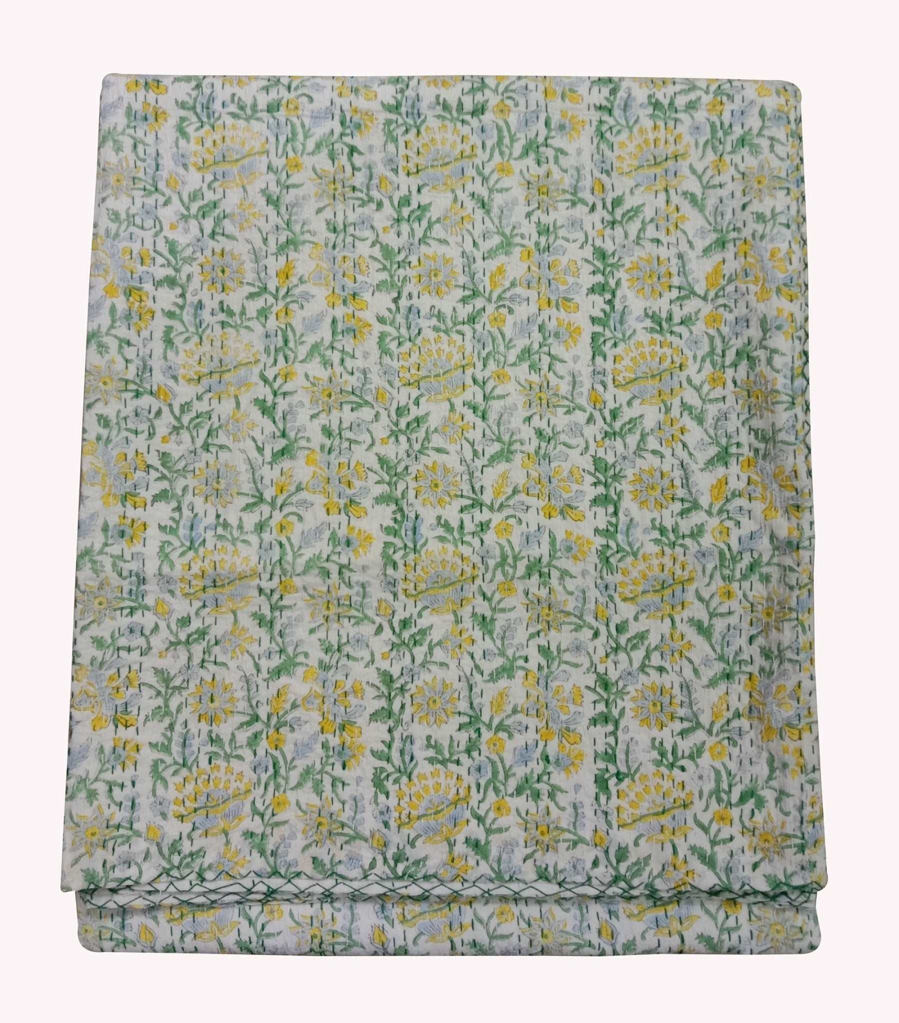 Hand Block Printed Kantha Quilt: Artisan Craftsmanship at Its Finest - Indianidhi