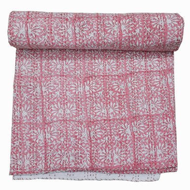 Hand Block Printed Kantha Quilt: Artisan Craftsmanship at Its Finest - Indianidhi